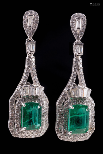 Platinum, Emerald and Diamond Dangle Earrings