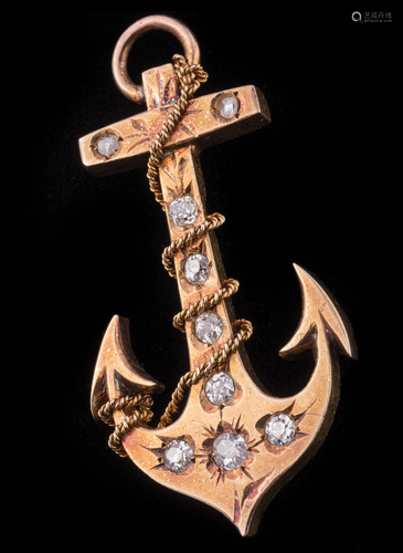 14 kt. Yellow Gold and Diamond Anchor Brooch