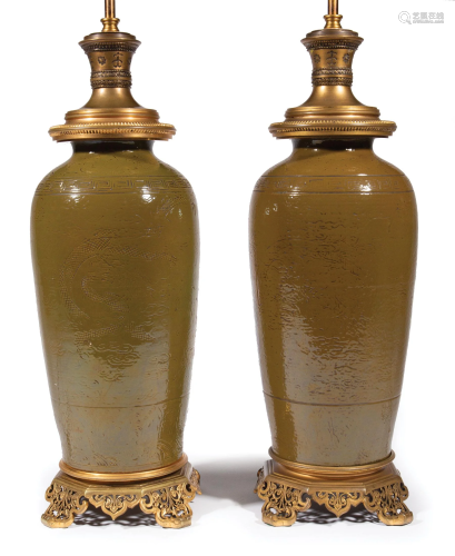 Asian Bronze Mounted Brown Glazed Porcelain Lamps
