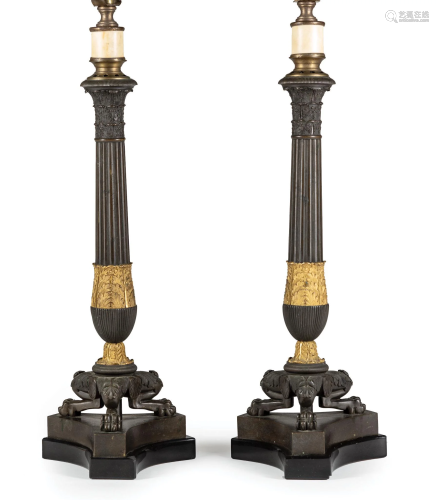 Gilt and Patinated Bronze Candle Standards