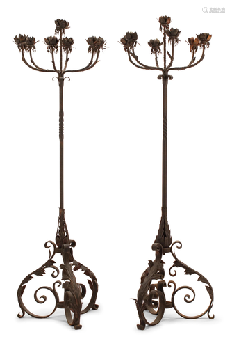 Wrought Iron and Tole Seven-Light Torcheres