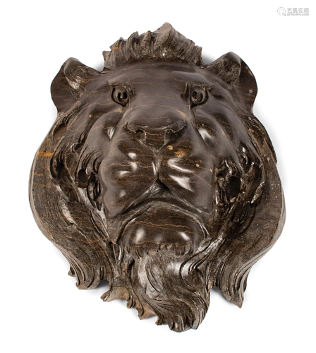 Carved Variegated Black Marble Lion's Head