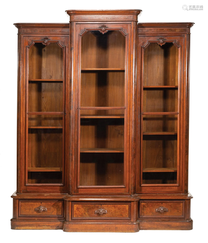 American Burled Walnut Three-Part Bibliotheque