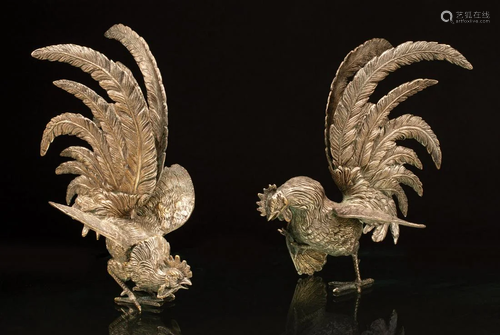 Pair of Silverplate Figures of Roosters