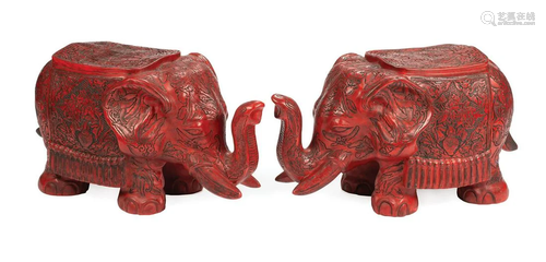 Pair of Chinese Red Lacquer Elephant Seats