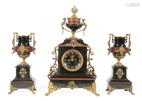 Bronze-Mounted Marble Three-Piece Clock Garniture