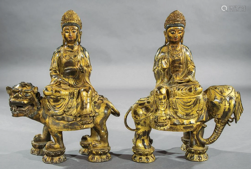 Pair of Chinese Gilt Bronze Guanyin Groups