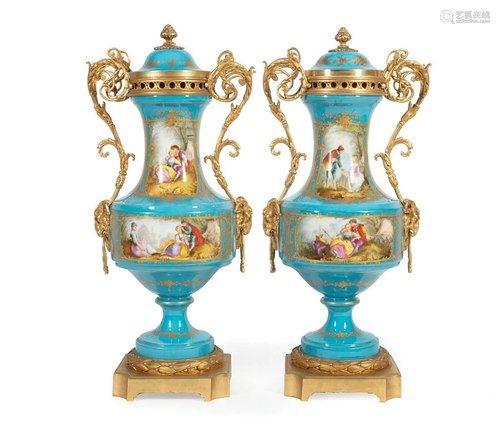 Gilt Bronze-Mounted Sevres-Style Covered Urns