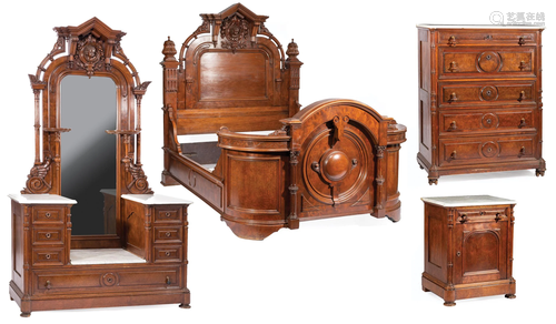 Carved and Burled Walnut Bedroom Suite