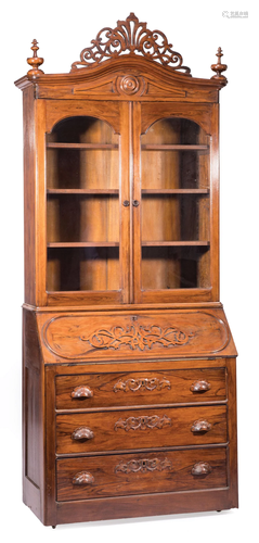 Carved Rosewood and Grained Secretary Bookcase