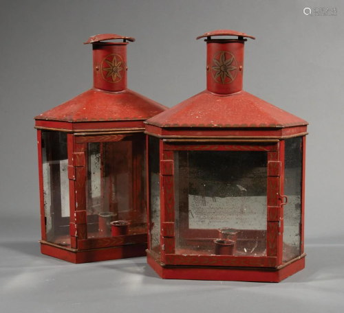 Pair of French Tole Peinte Mirrored Lanterns