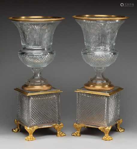 Gilt Bronze-Mounted Cut Glass Urns on Stands