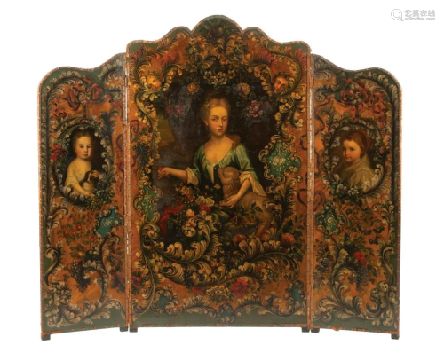 Rococo Painted Leather Three-Panel Screen