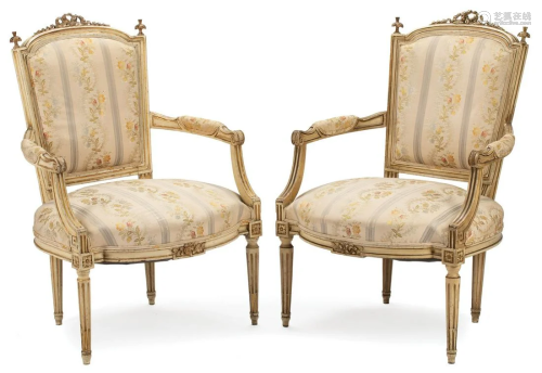 Painted and Parcel Gilt Upholstered Fauteuils