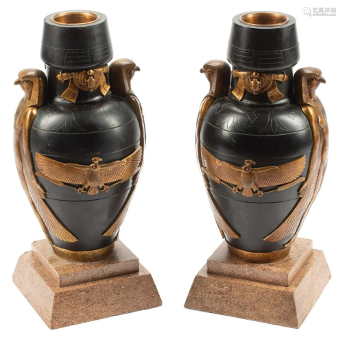 French Egyptianesque Bronze-Mounted Marble Urns