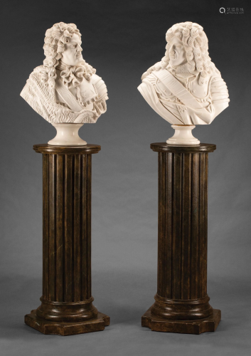 Pair of Louis XIV-Style Carved White Marble Busts