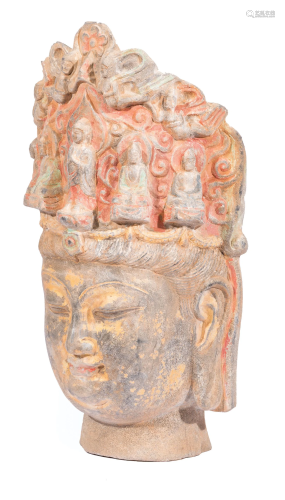 Chinese Carved and Polychromed Stone Head