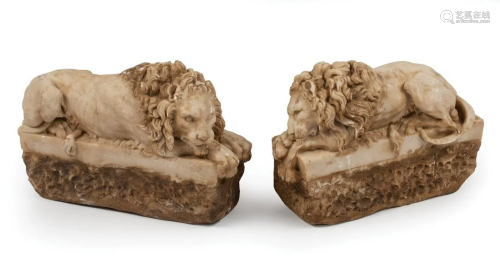 Pair of Italian Carved Marble Lions