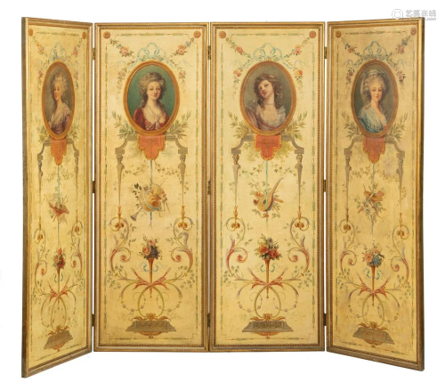 French Painted Canvas Four-Panel Screen