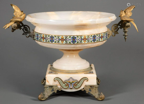 Bronze, Cloisonne-Mounted Alabaster Centerpiece