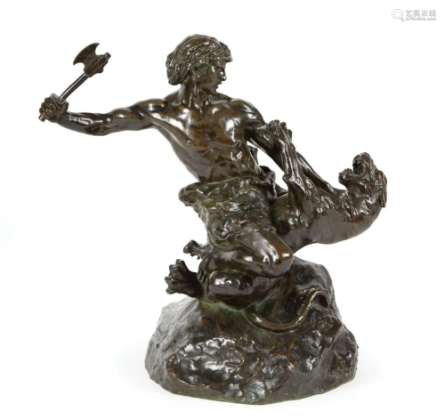 Antique Patinated Bronze of a Man Battling a Panther
