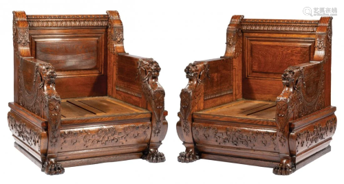 Herter Brothers Carved Oak Throne Chairs