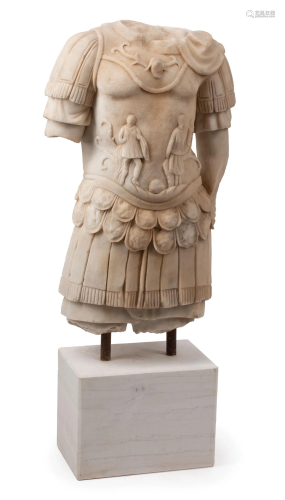 Carved White Marble Torso of a Cuirassed Man