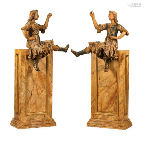 Carved and Polychromed Wood Figures on Pedestals