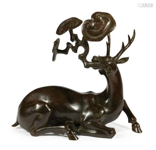 Chinese Patinated Bronze of a Recumbent Deer