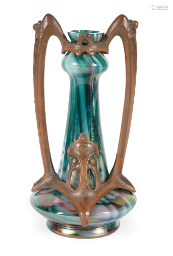 Art Nouveau Bronzed Pewter Mounted Glass Vase