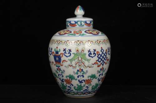 QING DYNASTY QIANLONG PERIOD--BLUE WHITE AND DOUCAI FOLIAGE JAR WITH LID