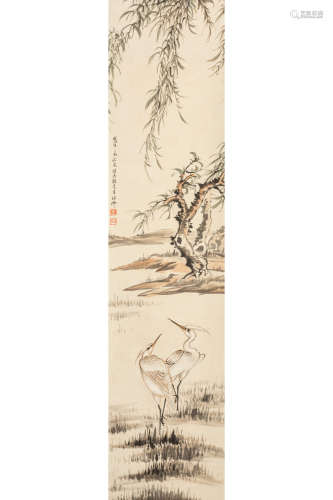 WANG YAOQING: INK AND COLOR ON PAPER PAINTING 'CRANES'