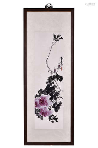 WU PING: FRAMED 'PEONY FLOWERS' PAINTING