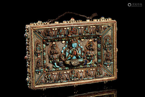 TIBETAN GILT BRONZE AND DECORATED BODHISATTVA PLAQUE