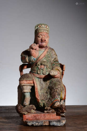 WOOD CARVED AND PARCEL GILT 'GUAN YU' SEATED FIGURE