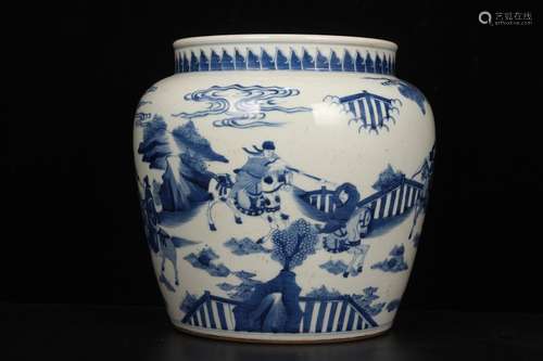 QING DYNASTY--BLUE WHITE FIGURE JAR