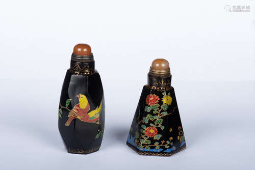 TWO BLACK GLAZED AND GILT 'FLOWERS AND BIRDS' SNUFF BOTTLES