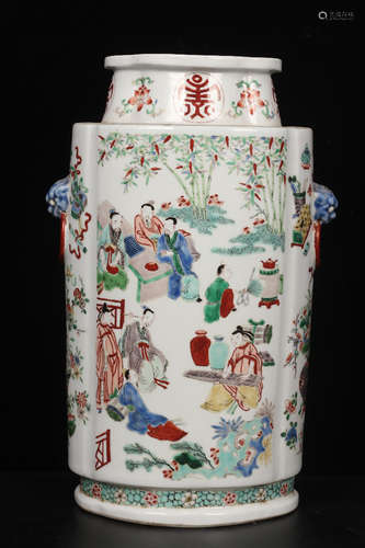 QING DYNASTY--FAMILLE VERTE FIGURE VASE WITH FOUR EARS