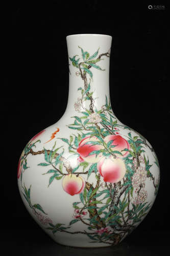 QING DYNASTY QIANLONG PERIOD--FAMILLE ROSE NINE PEACHES BOTTLE VASE