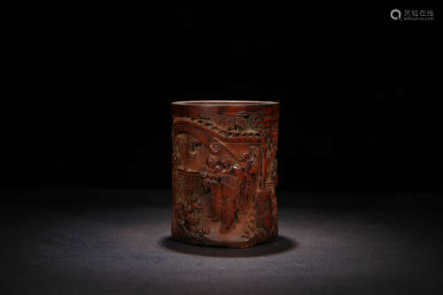 A FIGURES CARVED BAMBOO BRUSH POT