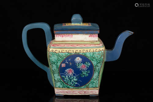 YIXING ZISHA PAINTED RECTANGULAR TEAPOT