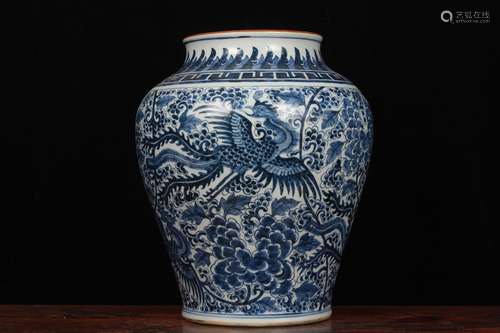 QING DYNASTY KANGXI PERIOD--BLUE WHITE PHOENIX FOLIAGE JAR