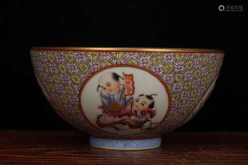 QING DYNASTY QIANLONG PERIOD--LUXURY GROUND OPEN MEDALLION KIDS PLAYING BOWL