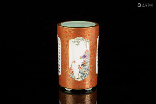 FAMILLE ROSE 'FLOWERS AND BIRDS' OPEN MEDALLION BRUSH POT