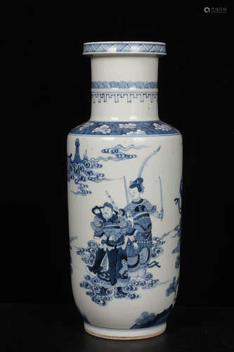 QING DYNASTY KANGXI PERIOD--BLUE WHITE FIGURE ROULEAU VASE