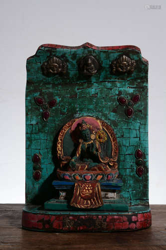 TIBETAN TURQUOISE AND AGATE CARVED 'TARA' SEATED FIGURE