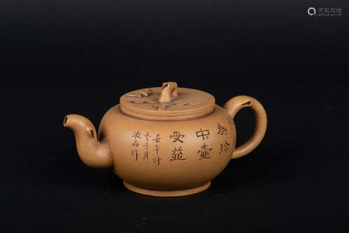 YIXING ZISHA YELLOW CLAY 'FLOWERS AND CALLIGRAPHY' ROUND TEAPOT