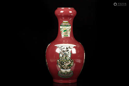 RED GLAZED OPEN MEDALLION GARLIC HEAD VASE