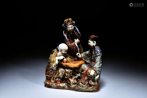 GLAZED PORCELAIN FU LU SHOU FIGURAL GROUP