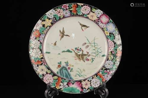 REPUBLIC PERIOD--BLACK GROUND FOLIAGE OPEN MEDALLION BIRDS FLOWERS PLATE